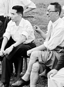 Ikeda (seated, left) and his mentor Josei Toda in 1955