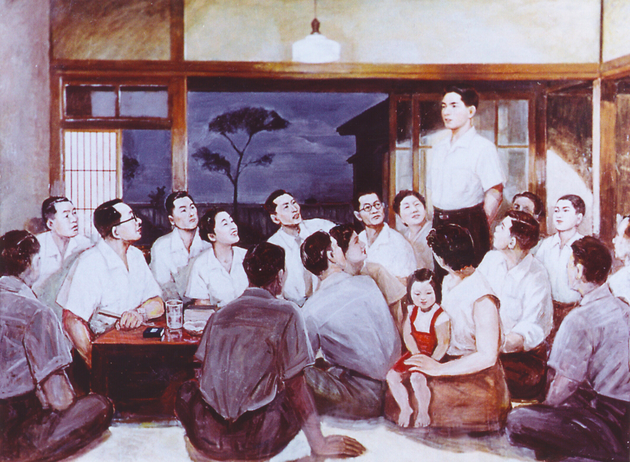 One summer evening in August 1947, a young Daisaku Ikeda attending a talk titled “The Philosophy of Life” by Josei Toda, who would become his lifelong mentor [illus. by Kenichiro Uchida; © Seikyo Shimbun]